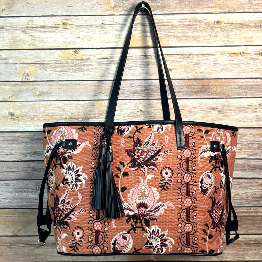 Spartina 449 Coral and Black Floral Stitched Linden Jetsetter Tote Bag Purse